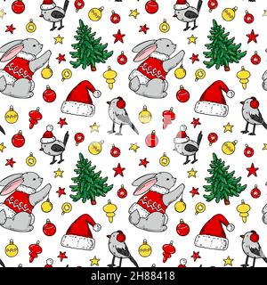 Colorato buon Natale e felice anno nuovo modello senza giunture con alberi di Natale e coniglietti carini. Illustrazione vettoriale disegnata a mano Illustrazione Vettoriale