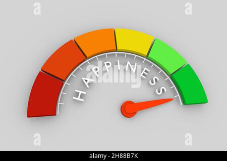 Il buon misuratore di umore misura la felicità o il livello di soddisfazione. Scala colori con freccia. Icona del dispositivo di misurazione. Indicatore infografico colorato. 3D ren Foto Stock