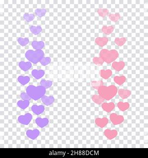 Un insieme di mi piace nel live stream è un cuore icona volante. Il contatore utenti mi piace per i video online. Cuori viola e rosa in elegante color pastello co Illustrazione Vettoriale