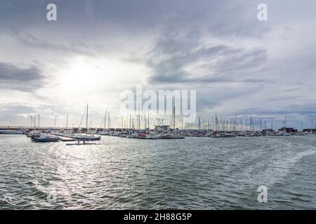 Helsingborg: marina, barca a remi a , Skane Län, Scania, Schonen, Svezia Foto Stock