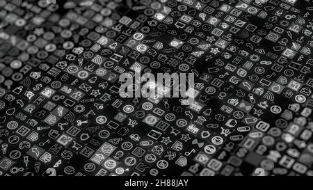 Sfondo astratto da di icone piccole simboli. Animazione. Ampia gamma di icone al neon che emoji si illuminano su sfondo nero. Collage di caratteri in c Foto Stock