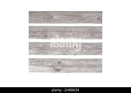 Tavole di legno con crepe venature e nodi isolati su bianco. Set di legno resistente agli agenti atmosferici. Foto Stock