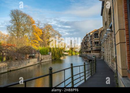 Cambridge, Regno Unito – Novembre 18 2021. Una vista sul fiume Cam dalla passerella in legno tra il Silver Street Bridge e Jesus Green. Foto Stock