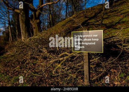 "Per proteggere la nostra fauna selvatica, si prega di rispettare il cartello indicato sul sentiero" nella campagna del Suffolk Foto Stock