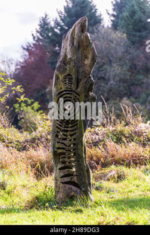 Una scultura in legno di Walter Bailey all'ingresso della Riserva Naturale di Kingley vale, Nr Chichester, West Sussex. Foto Stock