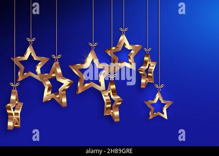 Palline di Natale in forma di stelle 3D, banner natalizio di lusso con stella oro impostata, biglietto di auguri per buon Natale e buon anno. Lusso d'oro Illustrazione Vettoriale