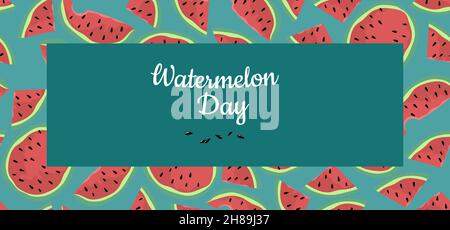 Giornata nazionale di cocomeri. Striscione a fette, metà e un quarto di cocomeri. Stile cartoon. Giorno di cocomero. Modello rettangolo. Vettore isolato illus Illustrazione Vettoriale