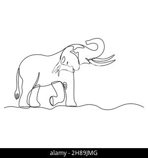 Giornata di protezione degli elefanti. L'elefante sta arrivando. L'iscrizione è in inglese Blogger. Linea continua. Illustrazione vettoriale disegnata con un'unica linea. Illustrazione Vettoriale