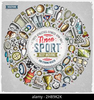 Colorato vettore disegnata a mano insieme di oggetti, simboli e oggetti di doodle cartoni animati Sport. Composizione del telaio rotondo Illustrazione Vettoriale