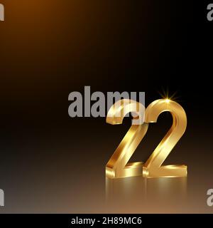 22 numeri 3D dorati, 2022 Felice Anno Nuovo. Banner quadrato. Disegno di festa per biglietto di auguri, anniversario, compleanno, invito, calendario, festa, oro Illustrazione Vettoriale