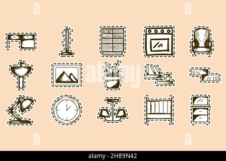 linea di mobili doodle art adesivo vettore illustrazione sfondo isolato Illustrazione Vettoriale