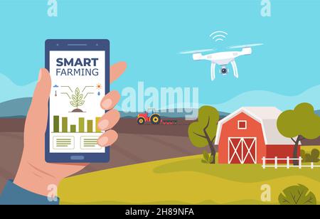 Agricoltura intelligente, tecnologie futuristiche nell'industria agricola. Smartphone con app per impianti di controllo in crescita, droni, mulini a vento, automazione agricola. F Illustrazione Vettoriale