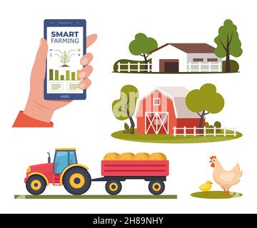 Agricoltura intelligente, tecnologie futuristiche nell'industria agricola. Smartphone con app per piante di controllo in crescita. Set di scene ed elementi sul tema della fattoria. VEC Illustrazione Vettoriale