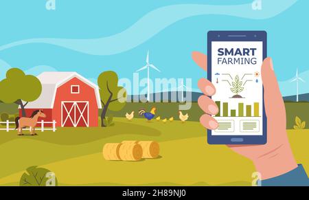 Agricoltura intelligente, tecnologie futuristiche nell'industria agricola. Smartphone con app per la crescita di impianti di controllo, mulini eolici, automazione agricola. Azienda agricola sce Illustrazione Vettoriale