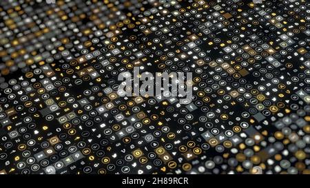 Sfondo astratto da di icone piccole simboli. Animazione. Ampia gamma di icone al neon che emoji si illuminano su sfondo nero. Collage di caratteri in c Foto Stock