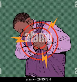 dolore cardiaco dell'uomo anziano africano, infarto miocardico crisi ipertensiva aritmia e altre malattie di cardiologia Illustrazione Vettoriale