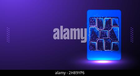 Segnale chip della scheda SIM. Concetto di SIM integrata. Nuova tecnologia di comunicazione mobile. Proiezione futuristica scheda sim vettore illustrazione isolato sfondo Illustrazione Vettoriale