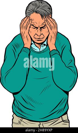 un uomo anziano mal di testa, sintomi medici emicrania cancro ipertensione meningite ictus o altre malattie Illustrazione Vettoriale