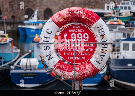 North Sunderland Harbour è meglio conosciuto come Seahouses Harbour a Northumberland, nell'Inghilterra del NE. North Sunderland Harbour commissioners Life Ring, Seahouses. Foto Stock