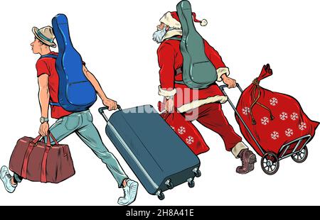 Babbo Natale e il chitarrista musicista vanno in tour. Natale e Capodanno, inverno stagionale vacanza nel mese di dicembre Illustrazione Vettoriale