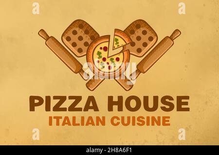 Casa della pizza con pizza in legno peel e matterello logo design ispirazione Illustrazione Vettoriale