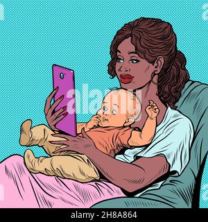 madre africana e bambino caucasico, lavoro e maternità. Amore e cura Illustrazione Vettoriale