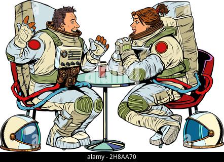 Astronauti uomo e donna coppia data in un caffè. Incontro con due amici Illustrazione Vettoriale