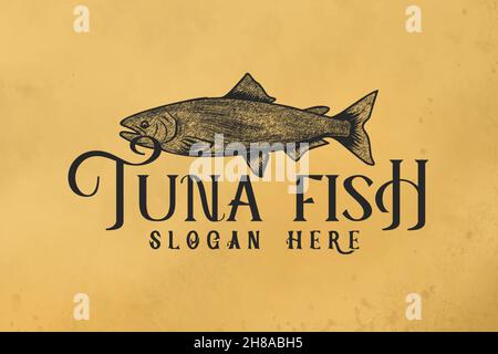 Disegnata a mano tonno, milkfish disegni logo ispirazione isolata su sfondo bianco Illustrazione Vettoriale