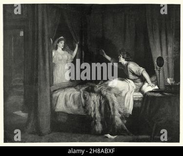 Illustrazione vintage di Ghost che appare davanti a un uomo. Dopo il dipinto parlare! Parla! Di Sir John Everett Millais, 19 ° secolo. Foto Stock