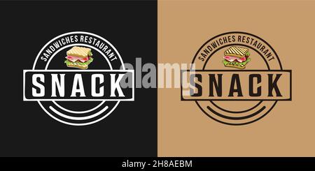 snack, panino con prosciutto, formaggio, pomodori, lattuga, e il logo del pane tostato Illustrazione Vettoriale
