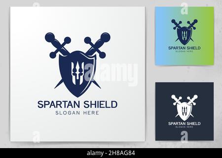 Warrior scudo e spada proteggere logo design ispirazione Illustrazione Vettoriale