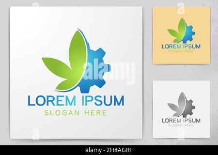 Cannabis leaf e ingranaggio disegni logo ispirazione isolata su sfondo bianco Illustrazione Vettoriale