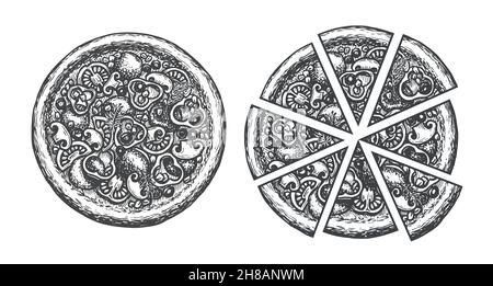 Pizza sketch , set di fette. Pepperoni alimentari italiani, illustrazione vettoriale margarita Illustrazione Vettoriale