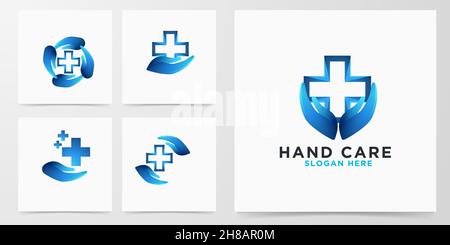 Imposta il logo moderno della croce medica per la cura delle mani Illustrazione Vettoriale