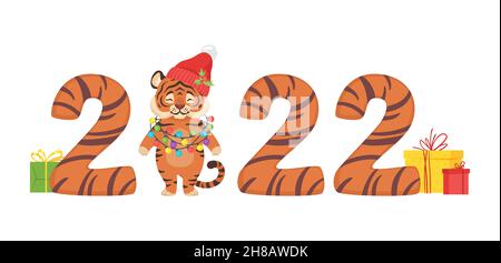 Banner di Capodanno 2022 con figure e tigre Illustrazione Vettoriale