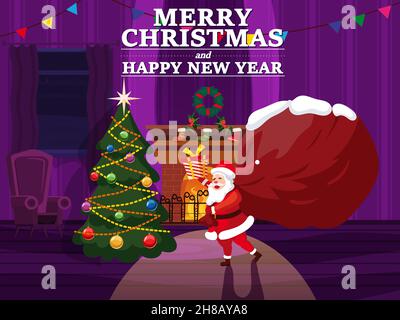 Babbo Natale si presenta con grandi doni in un soggiorno arredato per le feste. Camino, futniture, albero di Natale, vettore, illustrazione Illustrazione Vettoriale