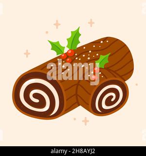 Yule log o Buche de Noel, dolce tradizionale di Natale. Disegno di cartoni animati, disegno di clip vettoriale. Illustrazione Vettoriale