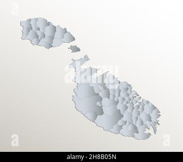 Mappa di Malta, divisione amministrativa, carta blu bianca per cartoncino bianco 3D bianco Foto Stock