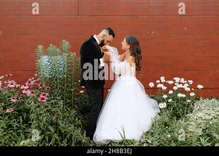 Lo sposo bacia la mano contro muro di mattoni e fiori Foto Stock