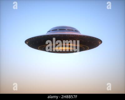 Illustrazione 3D di un oggetto volante UFO non identificato. Con tracciato di ritaglio incluso. Foto Stock
