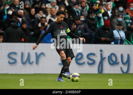 MARQUINHOS di Parigi durante il campionato francese Ligue 1 partita di calcio tra COME Saint-Etienne e Parigi Saint-Germain il 28 novembre 2021 al Geoffroy Guichard stadio a Saint-Etienne, Francia - Foto Romain Biard / Isports / DPPI Foto Stock