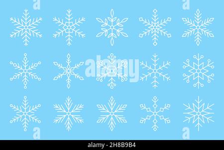 Fiocchi di neve simbolo natale sottile linea bianca set. Elemento invernale nuovo anno decorazione contorno di natale. Adesivo congelamento lineare esagonale forma doodle vacanza scheda invito freddo widget isolato Illustrazione Vettoriale