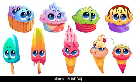 Simpatici personaggi del gelato con volti divertenti isolati su sfondo bianco. Set vettoriale di cartoni animati con diversi dessert, gelato, gelato in cialda e pop cicle su bastone di legno Illustrazione Vettoriale