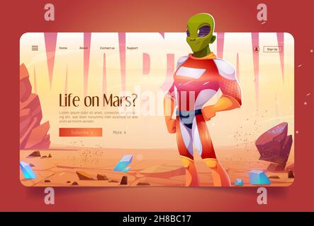 Vita su Marte cartoon landing page. Martian Alien indossa un costume da supereroe sul paesaggio rosso del pianeta. Galassia extraterrestre comer con pelle verde. Fantastico personaggio spaziale, banner web vettoriale Illustrazione Vettoriale