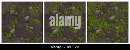 La tessitura di terra di Barren con le piante verdi crescono su suolo asciutto spaccato con la vista superiore di pietre. Texture per il gioco, sfondo astratto, mattonella terra ambiente con massi grigi, illustrazione vettoriale 3d realistica Illustrazione Vettoriale