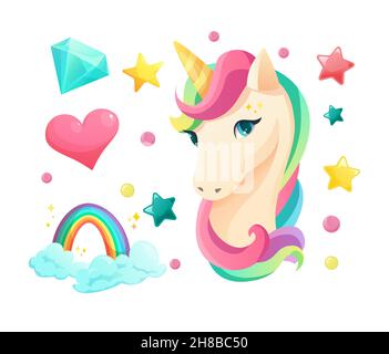 Simpatico viso unicorno in stile piatto con dolci elementi girlish. Illustrazione Vettoriale