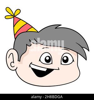 capo ragazzo faccia felice festeggiamenti compleanno, vettore illustrazione cartone emoticon. doodle icona disegno Illustrazione Vettoriale