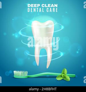 Poster medico profilattico per pulizia profonda dentale con spazzola per denti e. foglie di menta fresca immagine vettoriale di sfondo sfocata Illustrazione Vettoriale