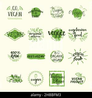 Elementi vegani Set di etichette verdi e segni in illustrazione vettoriale isolata in stile retrò Illustrazione Vettoriale