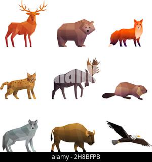 Animali selvatici del nord icone poligonali colorate in 3d con lupo l'orso di volpe e l'aquila hanno isolato l'illustrazione del vettore Illustrazione Vettoriale